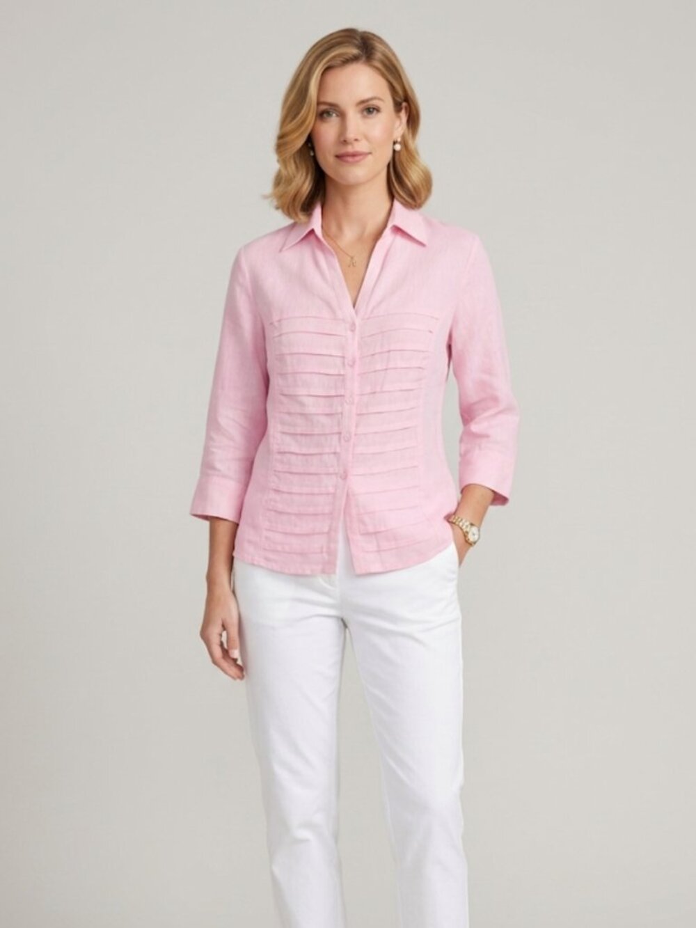 MERCER & MADISON 100% Linen Pink Pintuck Pleated Button Down Shirt Sz L Preppy
